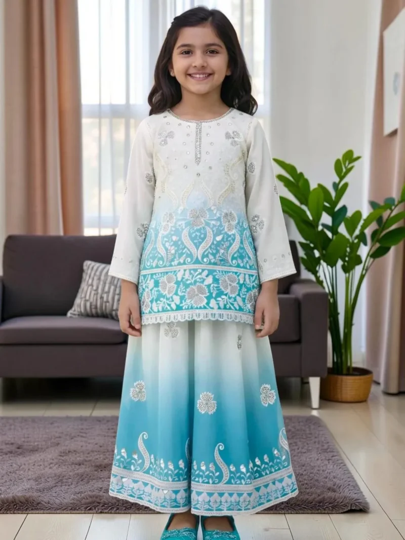 Aqua blue and off white embroidered girls palazzo set with dupatta