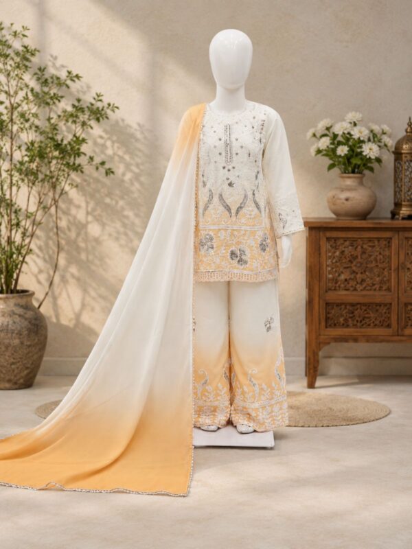 NZ-LR-KPS-LFH OC DN 249-CW-2 Cream and Off White Embroidered Girls Palazzo Set with Dupatta