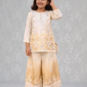 Cream and off white embroidered girls palazzo set with dupatta