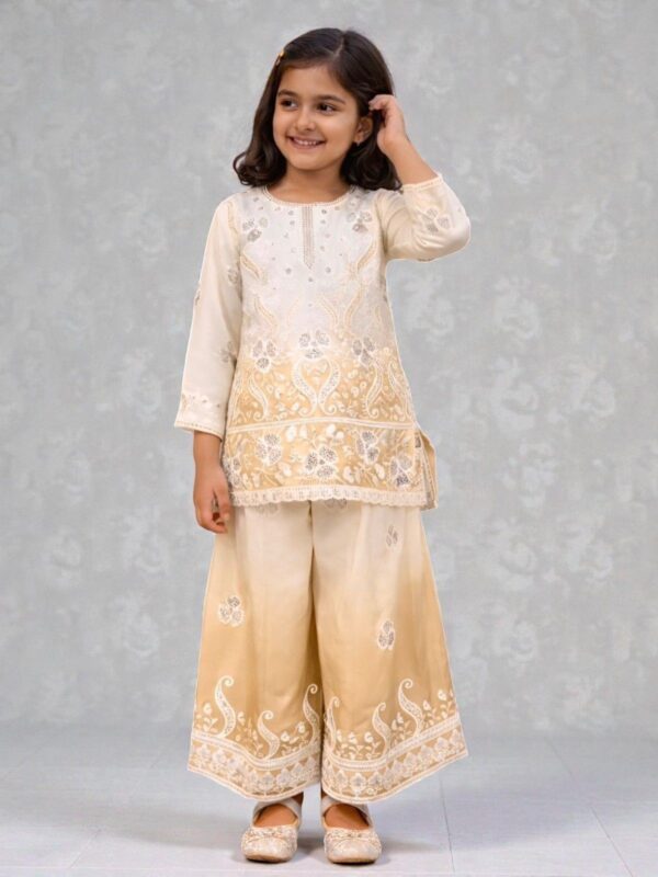 Cream and off white embroidered girls palazzo set with dupatta