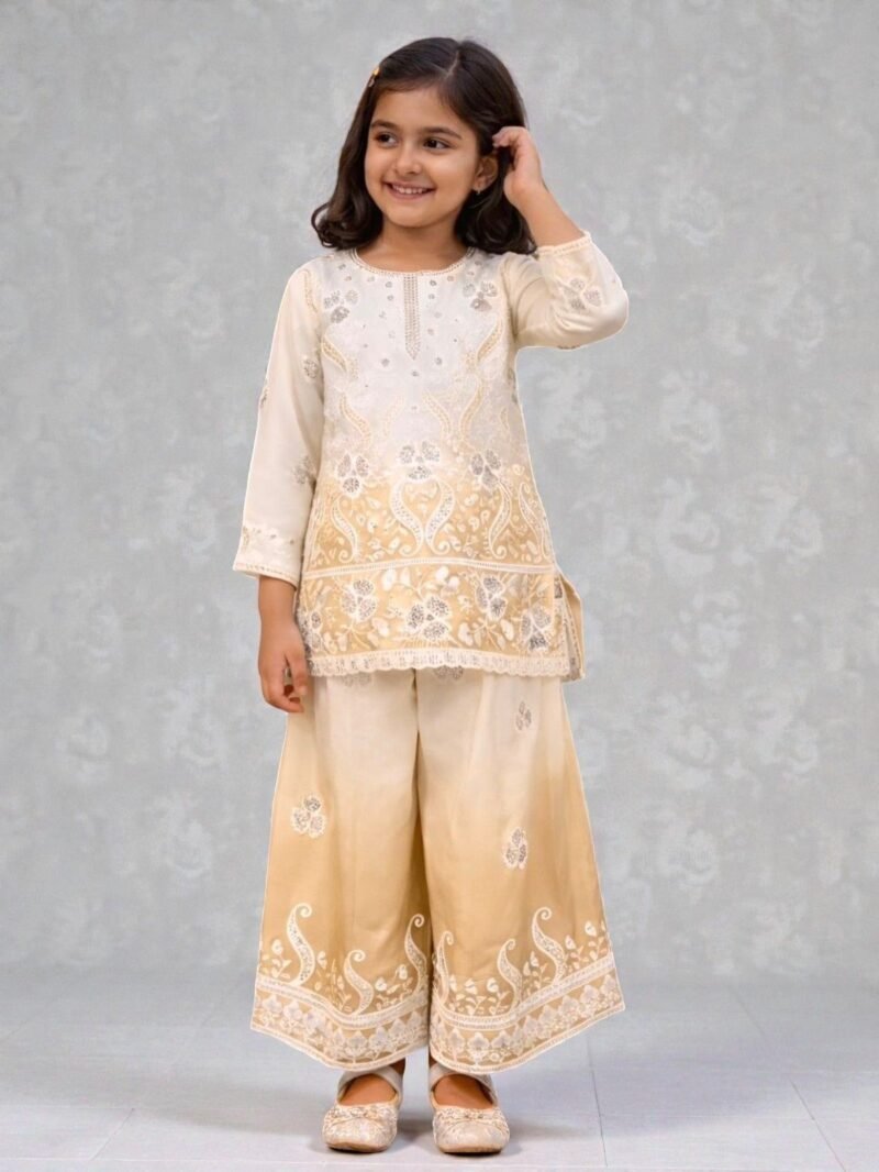 Cream and off white embroidered girls palazzo set with dupatta