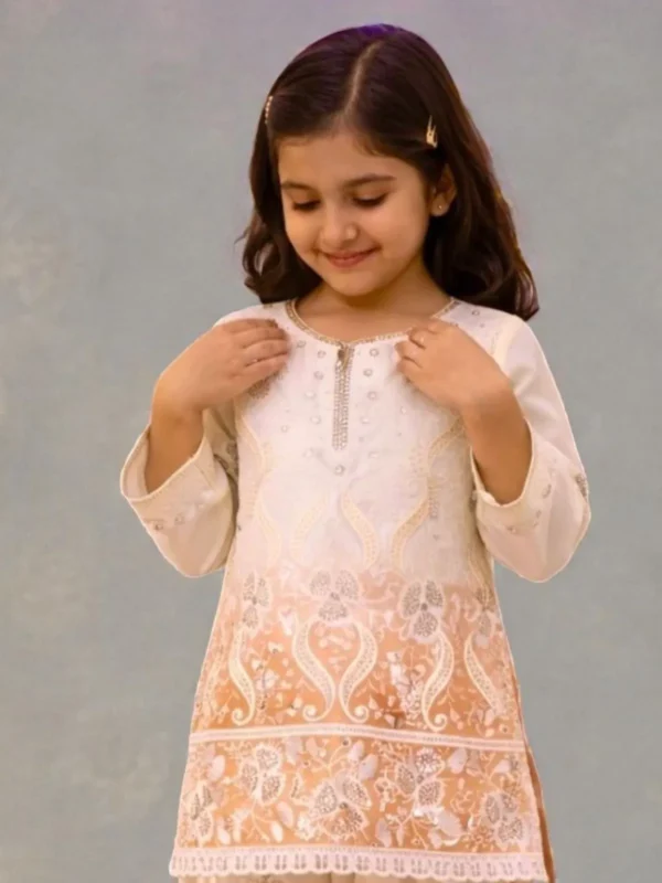 NZ-LR-KPS-LFH OC DN 249-PO-1 Designer Peach and Off White Embroidered Girls Palazzo Set with Dupatta