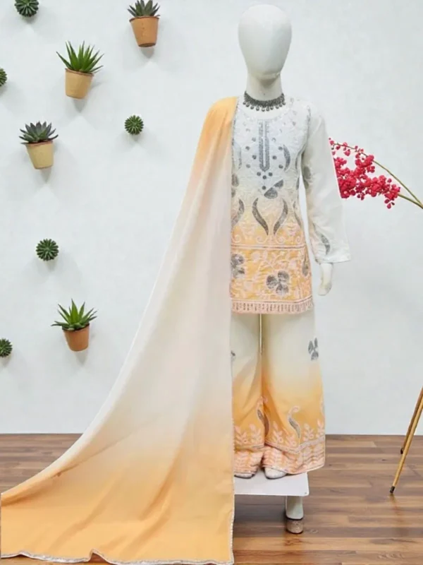 NZ-LR-KPS-LFH OC DN 249-PO-2 Designer Peach and Off White Embroidered Girls Palazzo Set with Dupatta