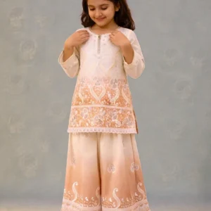 Designer peach and off white embroidered girls palazzo set with dupatta for festive and party wear