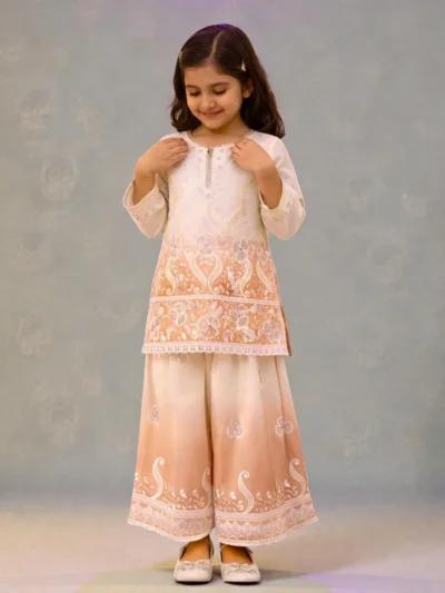 Designer peach and off white embroidered girls palazzo set with dupatta for festive and party wear
