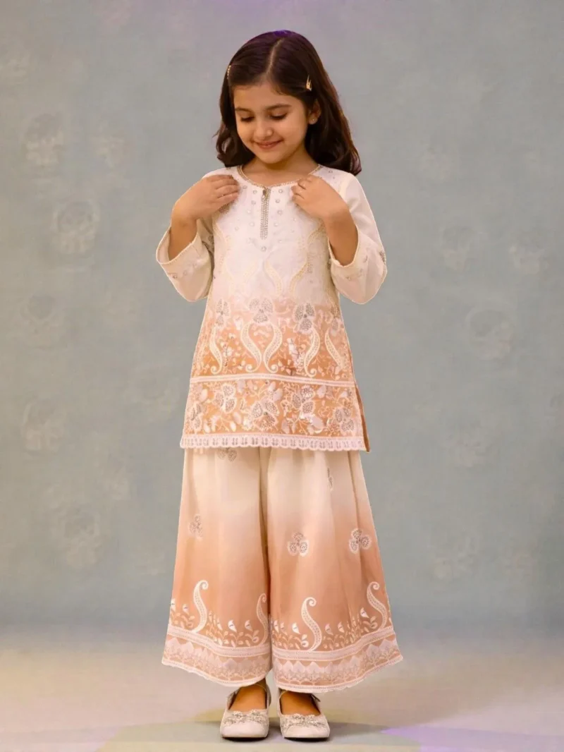 Designer peach and off white embroidered girls palazzo set with dupatta for festive and party wear