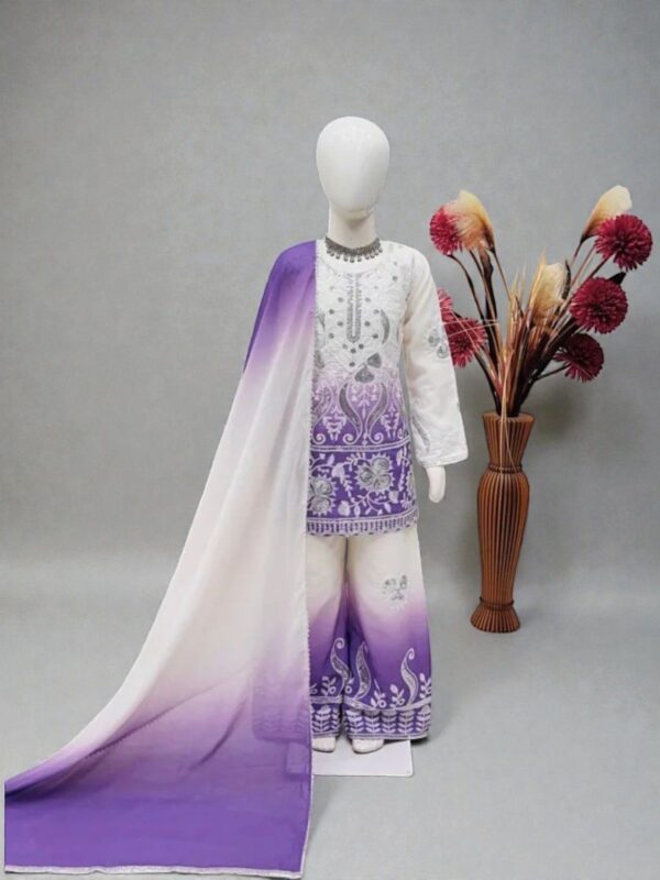 NZ-LR-KPS-LFH OC DN 249-PPW-2 Purple and Off White Embroidered Girls Palazzo Set with Dupatta