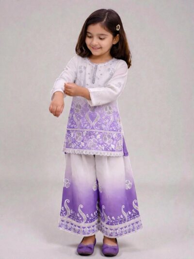 Purple and off white embroidered girls palazzo set with dupatta