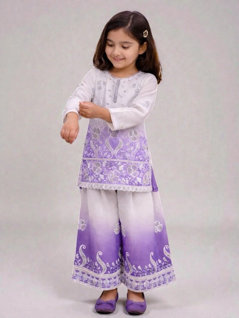 Purple and off white embroidered girls palazzo set with dupatta