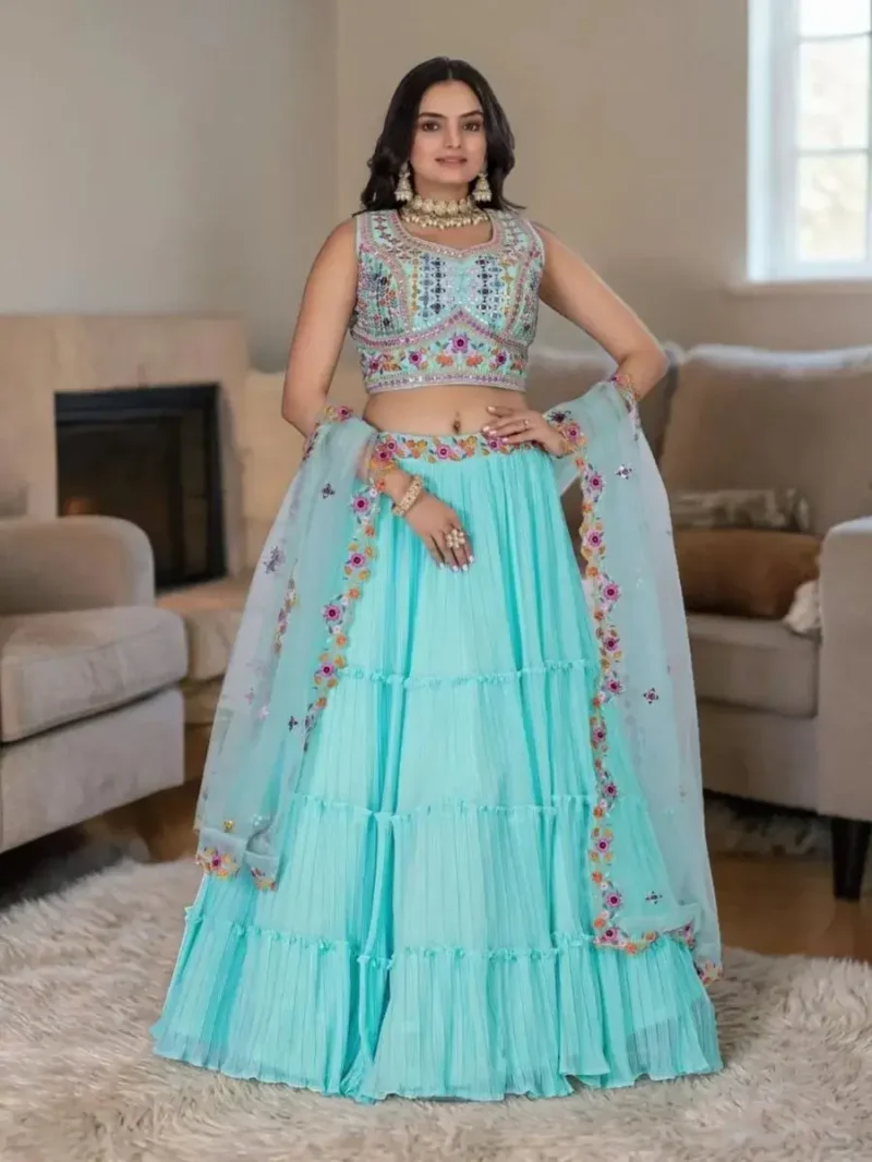 Sky blue lehenga choli set for women embroidery wedding wear