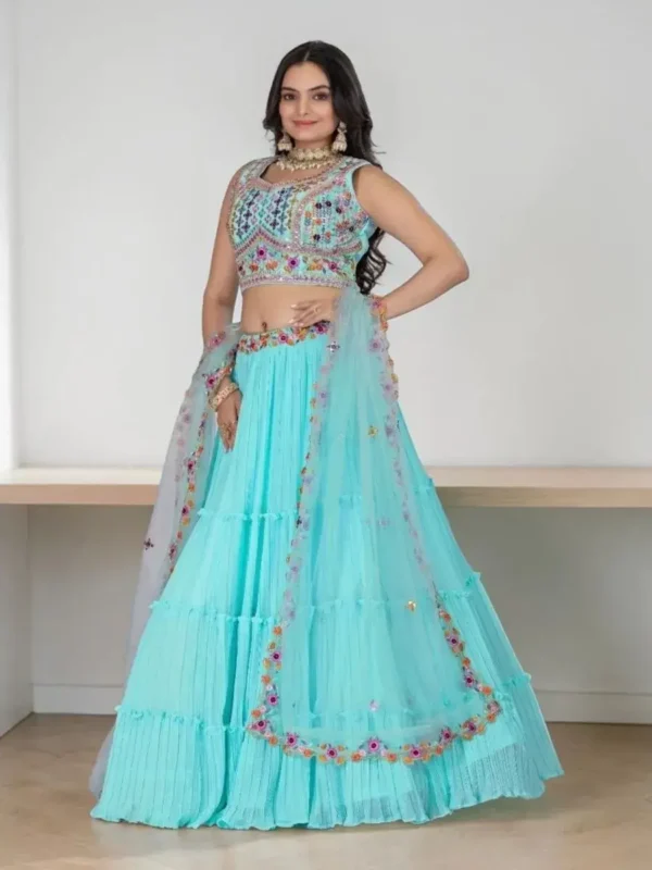 Sky Blue Ruffle Lehenga Choli Set for Women – Elegant 3 Piece Wedding Outfit
