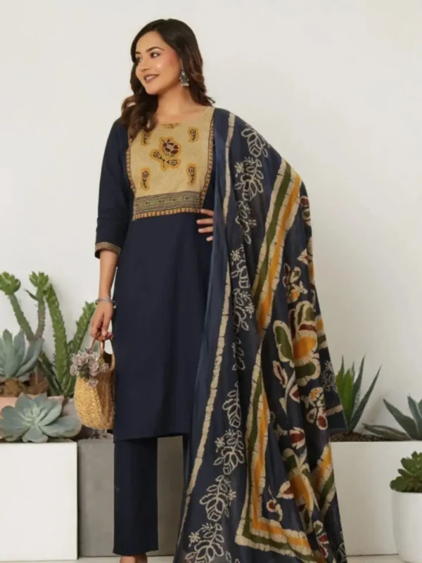 Mustard Cotton Kurti Pant Set with Printed Dupatta