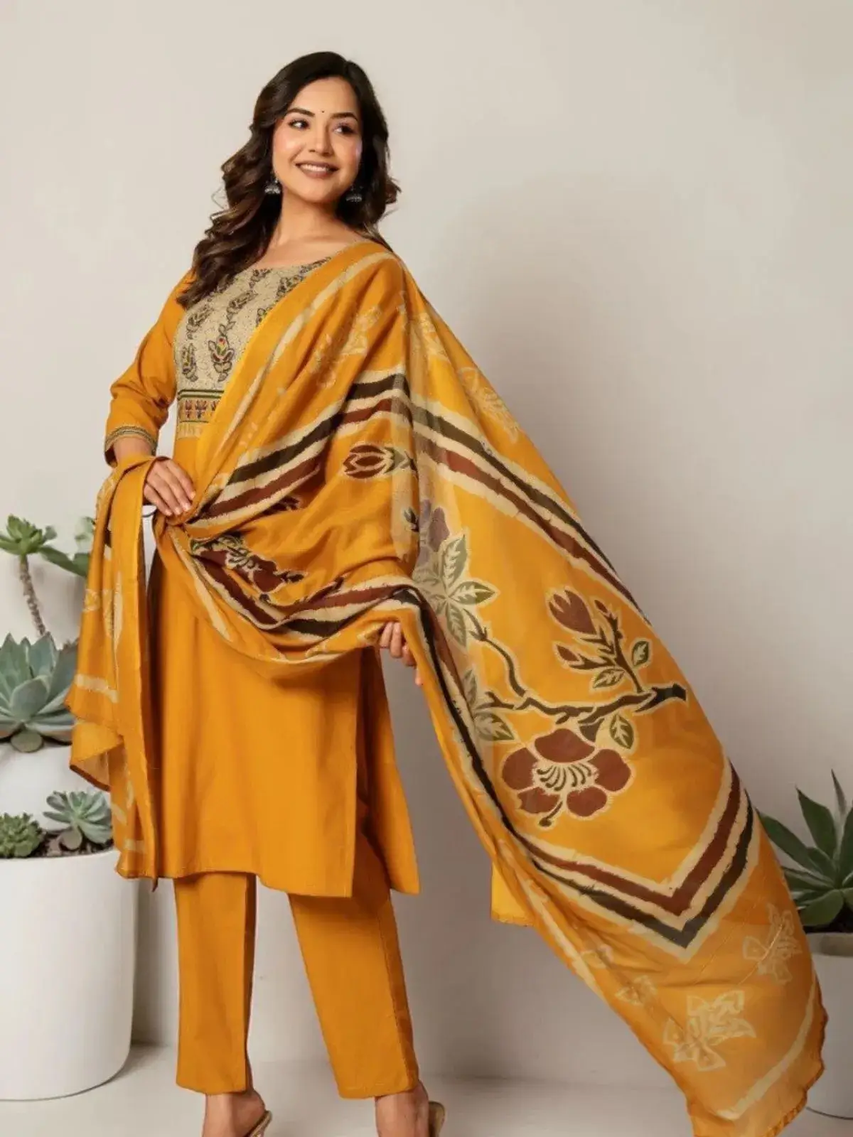 Mustard Cotton Kurti Pant Set with Dupatta