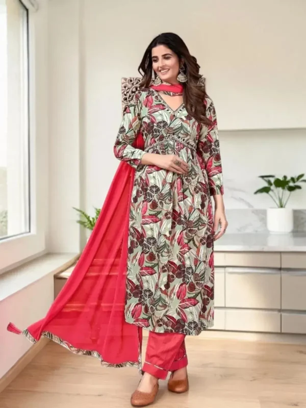 NZ-RO-PKURS-RO13945-3 Floral Printed Kurti Pant Set with Dupatta for Women