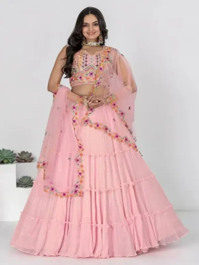 pink lehenga choli set for women wedding party wear embroidery