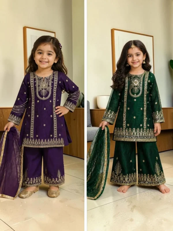Emerald Green Embroidered Girls Palazzo Set with Dupatta