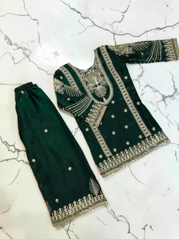 Emerald Green Embroidered Girls Palazzo Set with Dupatta