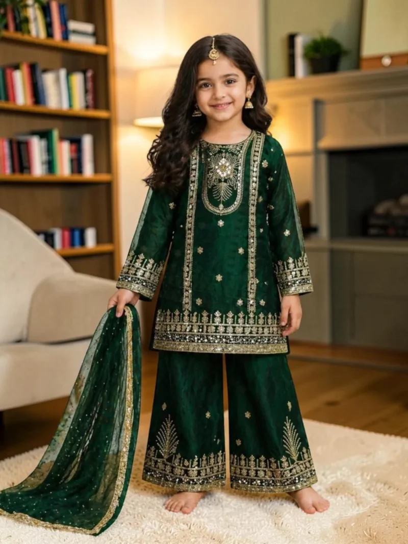 Emerald green embroidered girls palazzo set with dupatta