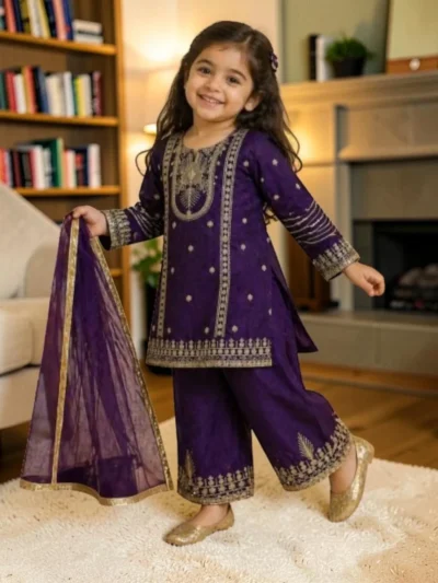 Royal Purple Embroidered Girls Palazzo Set with Dupatta