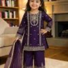NZ-RO-KPS-RO14753-RP Royal Purple Embroidered Girls Palazzo Set with Dupatta