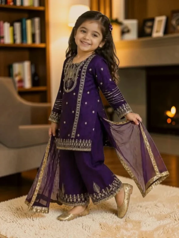 NZ-RO-KPS-RO14753-RP-2 Royal Purple Embroidered Girls Palazzo Set with Dupatta