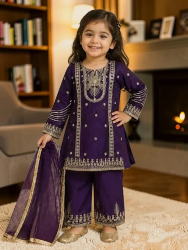 NZ-RO-KPS-RO14753-RP-3 Royal Purple Embroidered Girls Palazzo Set with Dupatta