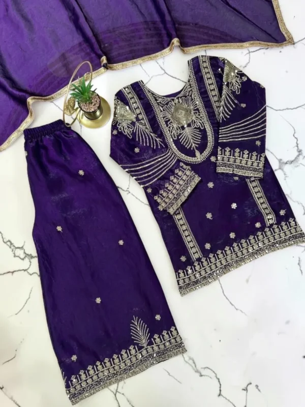 NZ-RO-KPS-RO14753-RP-4 Royal Purple Embroidered Girls Palazzo Set with Dupatta