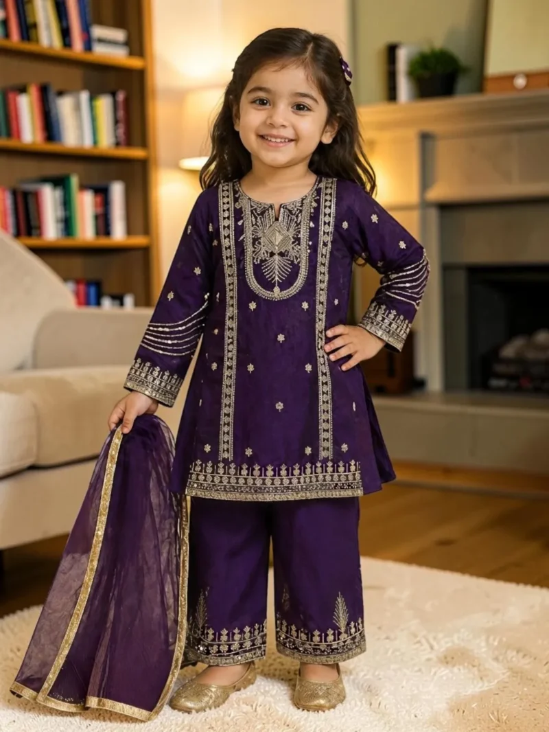 Royal Purple Embroidered Girls Palazzo Set with Dupatta
