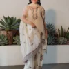 Off White Embroidered Farshi Palazzo Suit Set with Dupatta for Women