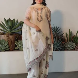 Off White Embroidered Farshi Palazzo Suit Set with Dupatta for Women