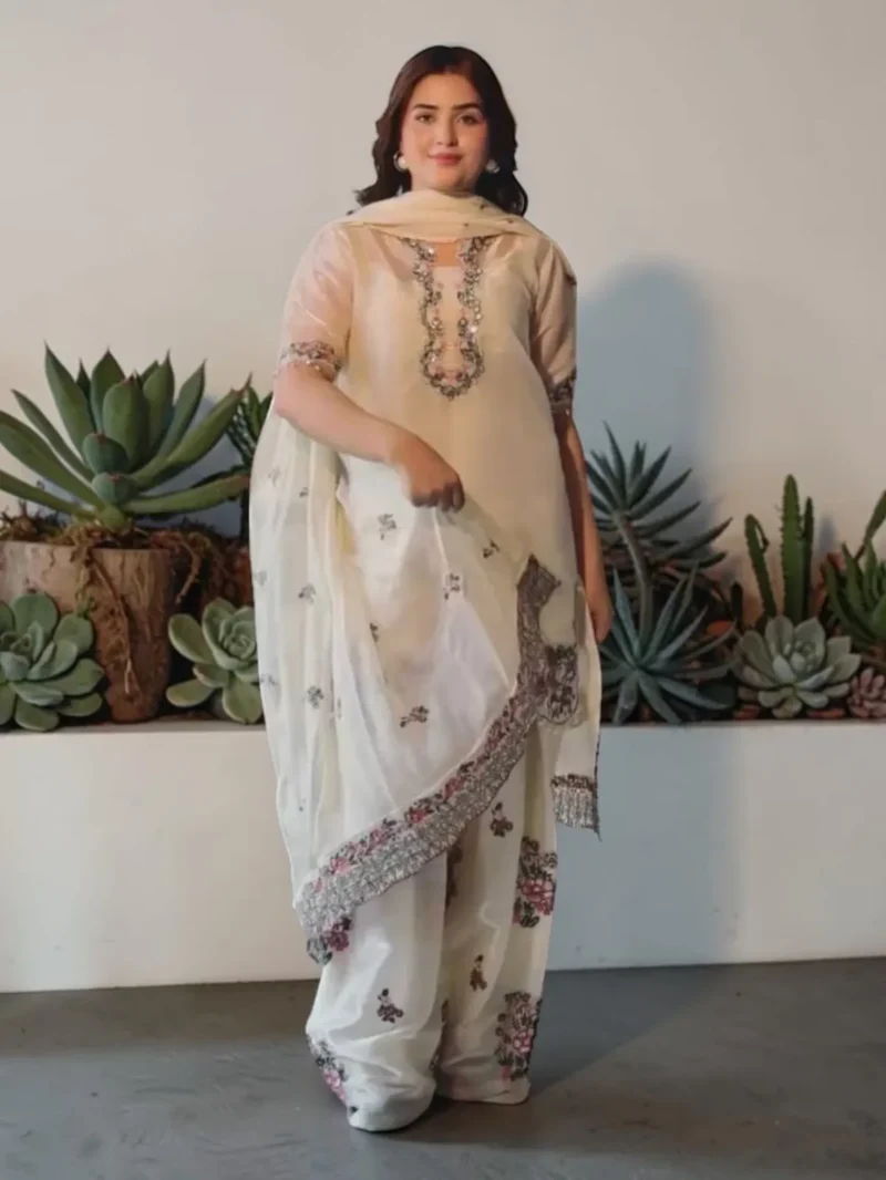 Off White Embroidered Farshi Palazzo Suit Set with Dupatta for Women