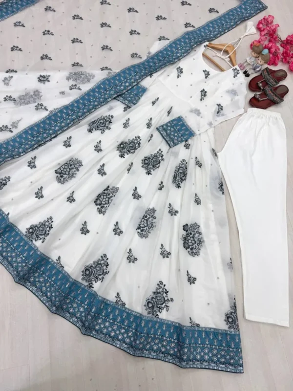 Off White Embroidered Georgette Gown Suit Set with Blue Organza Dupatta