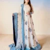 Off white embroidered georgette gown suit set with blue organza dupatta
