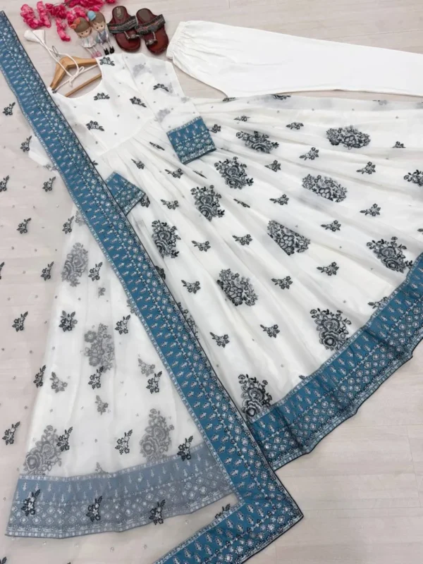 Off White Embroidered Georgette Gown Suit Set with Blue Organza Dupatta