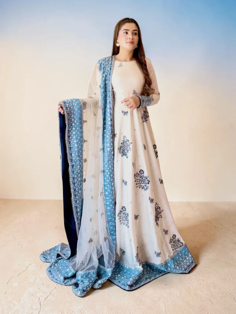 Off white embroidered georgette gown suit set with blue organza dupatta