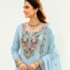 Sky Blue Embroidered Mal Chanderi Sharara Suit Set with Dupatta for Women neck design focus
