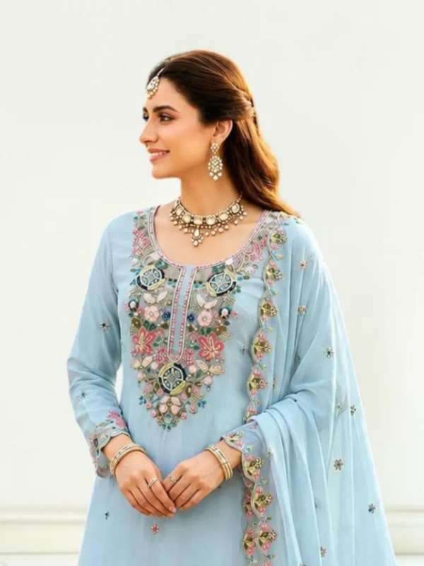 Sky Blue Embroidered Mal Chanderi Sharara Suit Set with Dupatta for Women neck design focus
