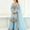 Sky Blue Embroidered Mal Chanderi Sharara Suit Set with Dupatta for Women