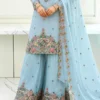 Sky Blue Embroidered Mal Chanderi Sharara Suit Set with Dupatta for Women bottom design focus