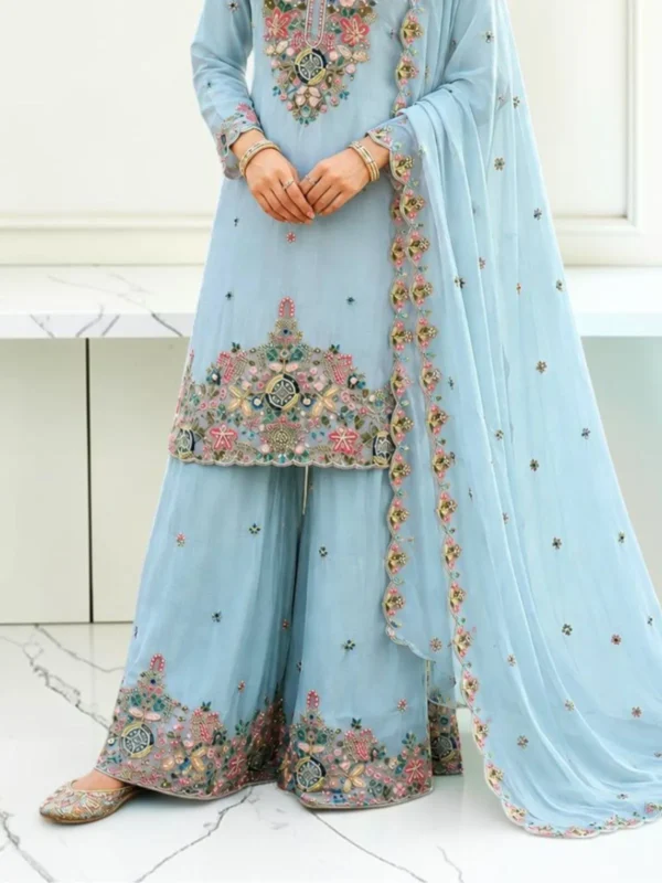 Sky Blue Embroidered Mal Chanderi Sharara Suit Set with Dupatta for Women bottom design focus