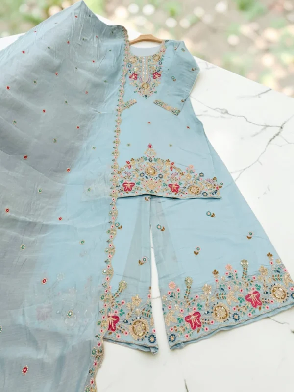 Sky Blue Embroidered Mal Chanderi Sharara Suit Set with Dupatta