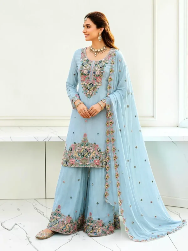 Sky Blue Embroidered Mal Chanderi Sharara Suit Set with Dupatta for Women