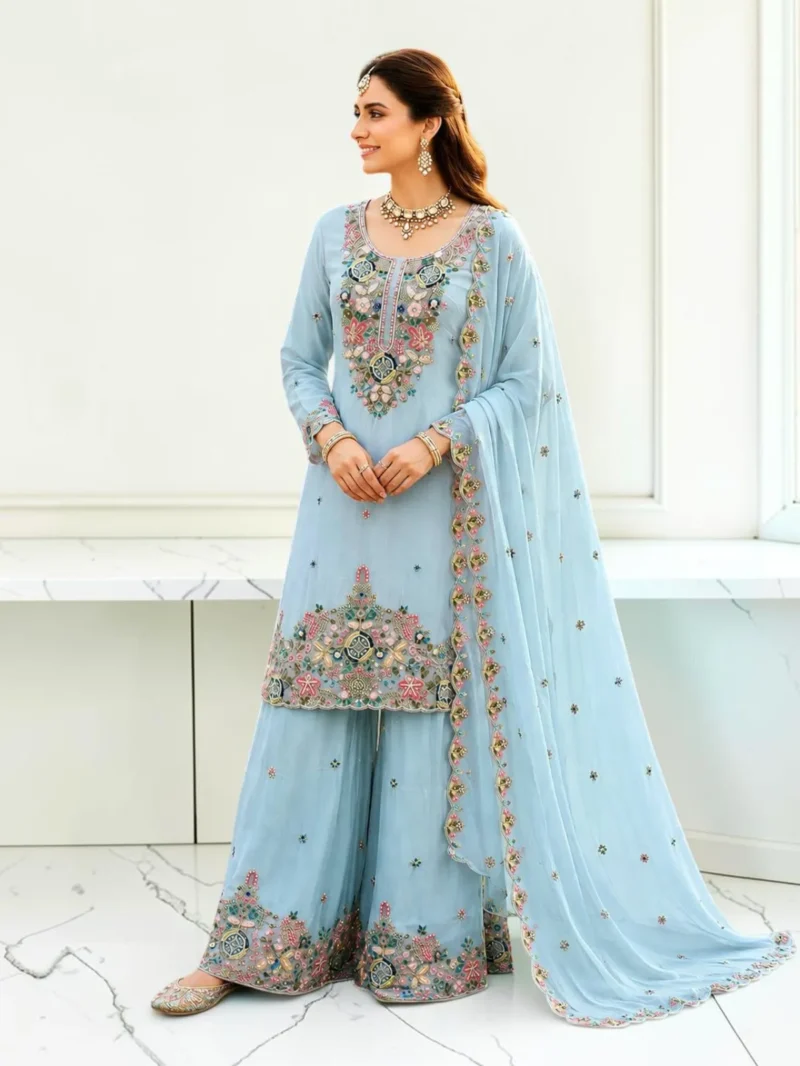 Sky Blue Embroidered Mal Chanderi Sharara Suit Set with Dupatta for Women