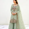 NZ-RO-PSAR-RO15645-MG-1 Mint green embroidered Chanderi sharara suit set with dupatta focus on design