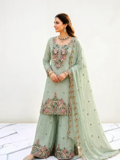Mint green embroidered Chanderi sharara suit set with dupatta focus on design