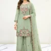 NZ-RO-PSAR-RO15645-MG Mint green embroidered Chanderi sharara suit set with dupatta