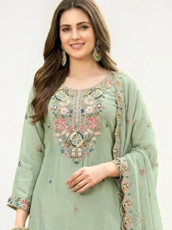 NZ-RO-PSAR-RO15645-MG-2 Mint green embroidered Chanderi sharara suit set with dupatta neck design look
