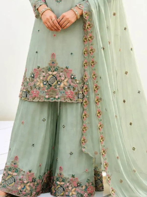 NZ-RO-PSAR-RO15645-MG-3 Mint green embroidered Chanderi sharara suit set with dupatta bottom design look