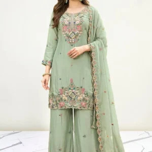 Mint green embroidered Chanderi sharara suit set with dupatta