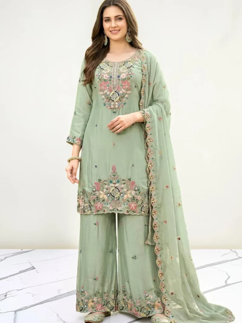 Mint green embroidered Chanderi sharara suit set with dupatta